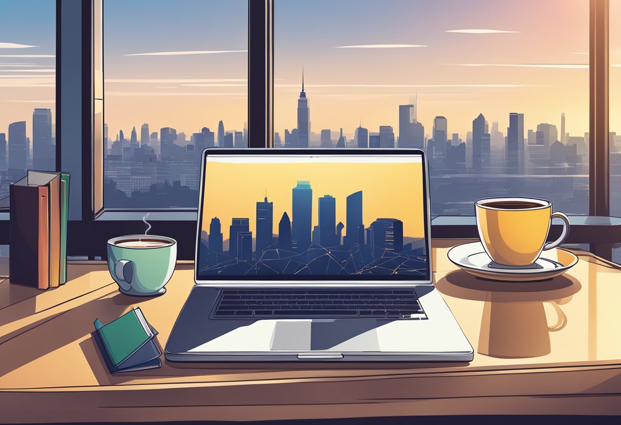 A laptop, a notebook, and a cup of coffee on a desk with a city skyline in the background
