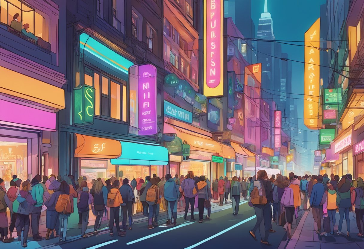A bustling city street with bright neon signs, crowded storefronts, and people eagerly engaging with promotional materials
