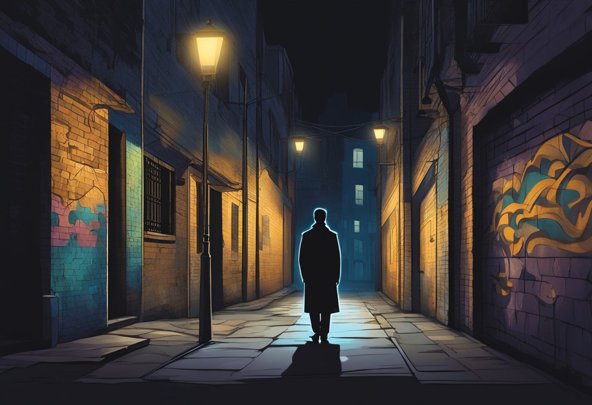 A mysterious figure stands in a dimly lit alley, a shadowy silhouette against the graffiti-covered walls. A flickering streetlight casts an eerie glow, illuminating the enigmatic figure known as Chester Zoda