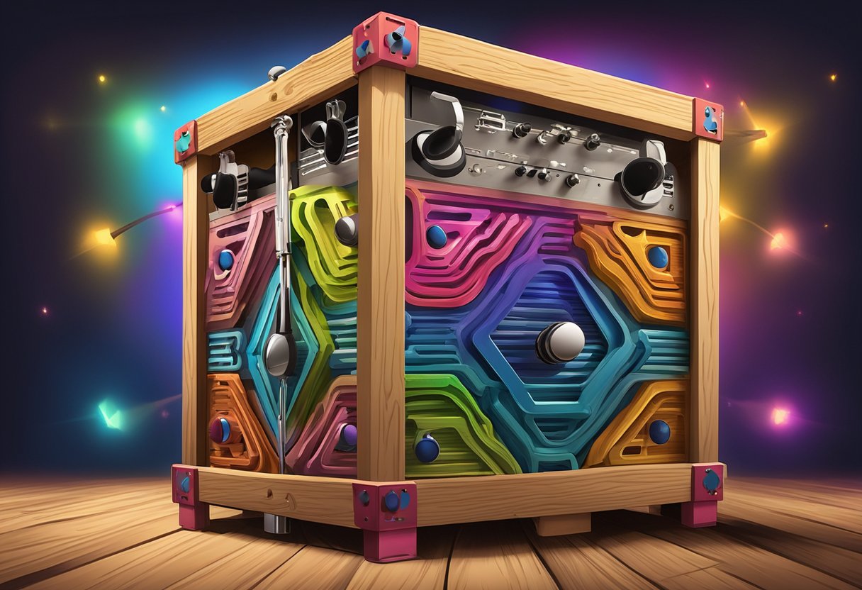 A colorful BandsBox logo atop a wooden crate, surrounded by musical instruments and vibrant stage lights