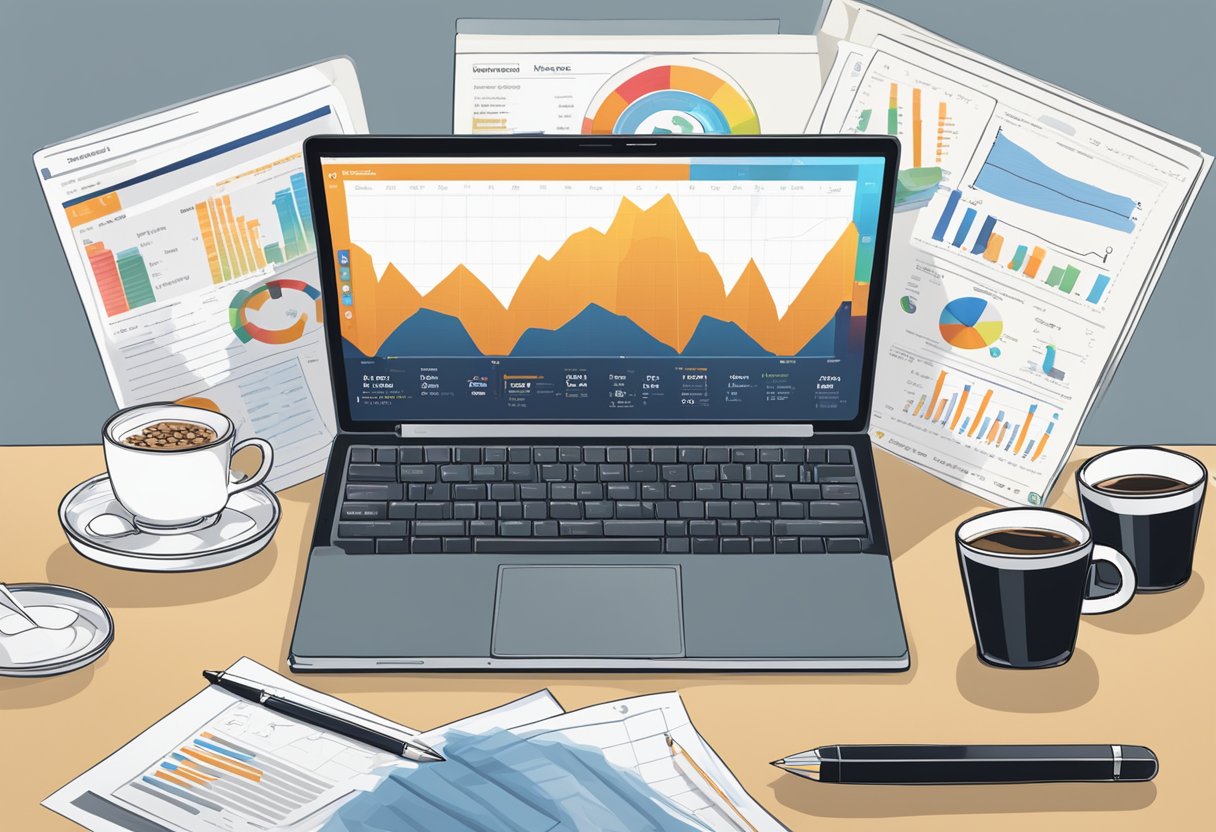 A laptop displaying Tom Gentile's review, surrounded by financial charts and a cup of coffee