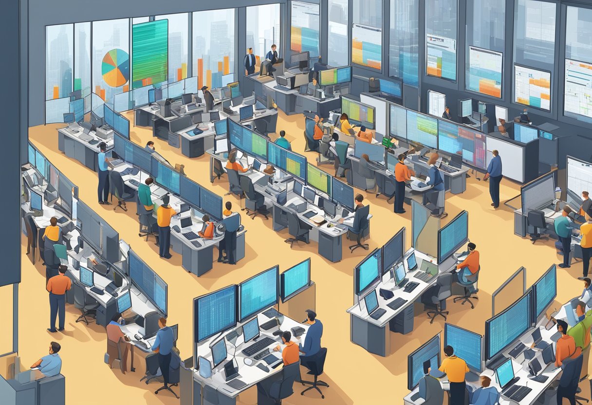 A bustling trading floor with traders analyzing screens and making deals, while charts and graphs display market trends
