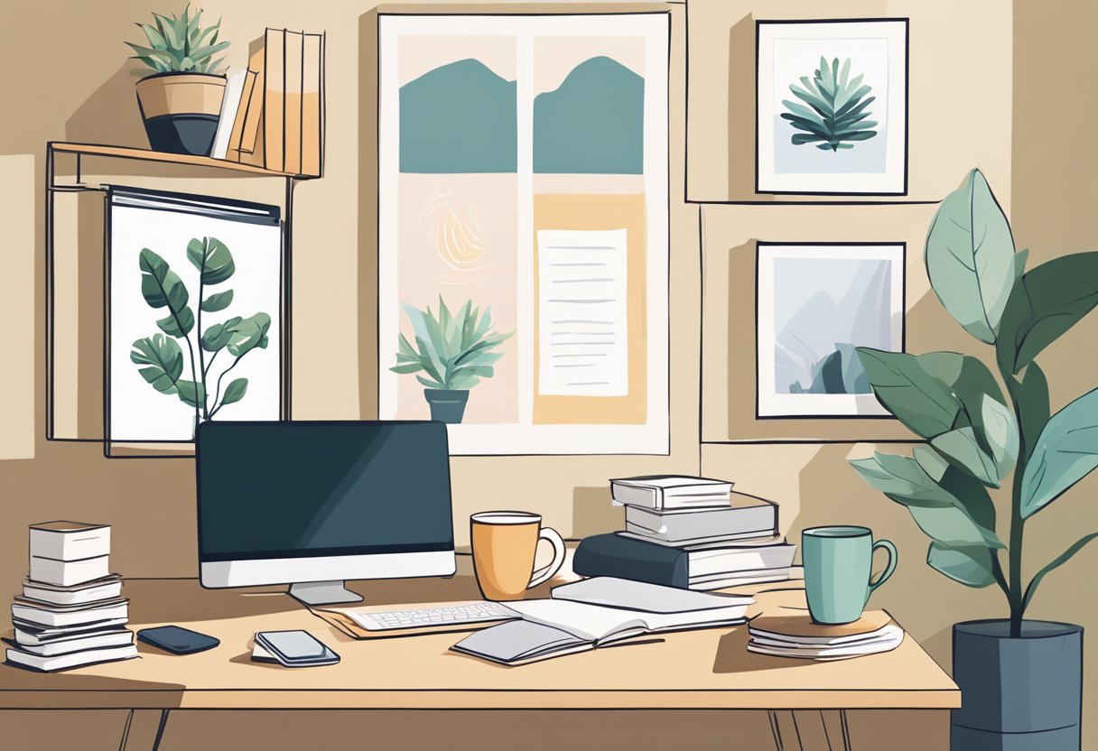 A cozy home office with a computer, desk, and chair. A stack of books and a mug of coffee sit on the desk. A plant and a motivational poster adorn the walls