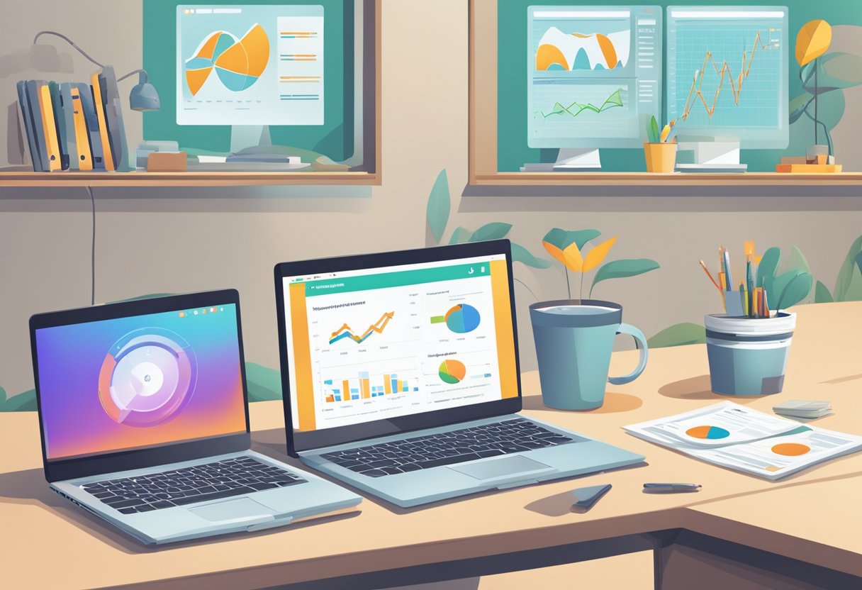 A table with two laptops, one showing earnings from traditional employment and the other displaying earnings from the Alternative Systems Home Earning System. Graphs and charts illustrate the comparison