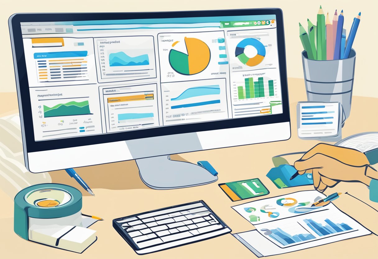 A computer screen displaying PowerAdSpy website with various ad examples and data charts. A person's hand holding a pen and notebook nearby for taking notes