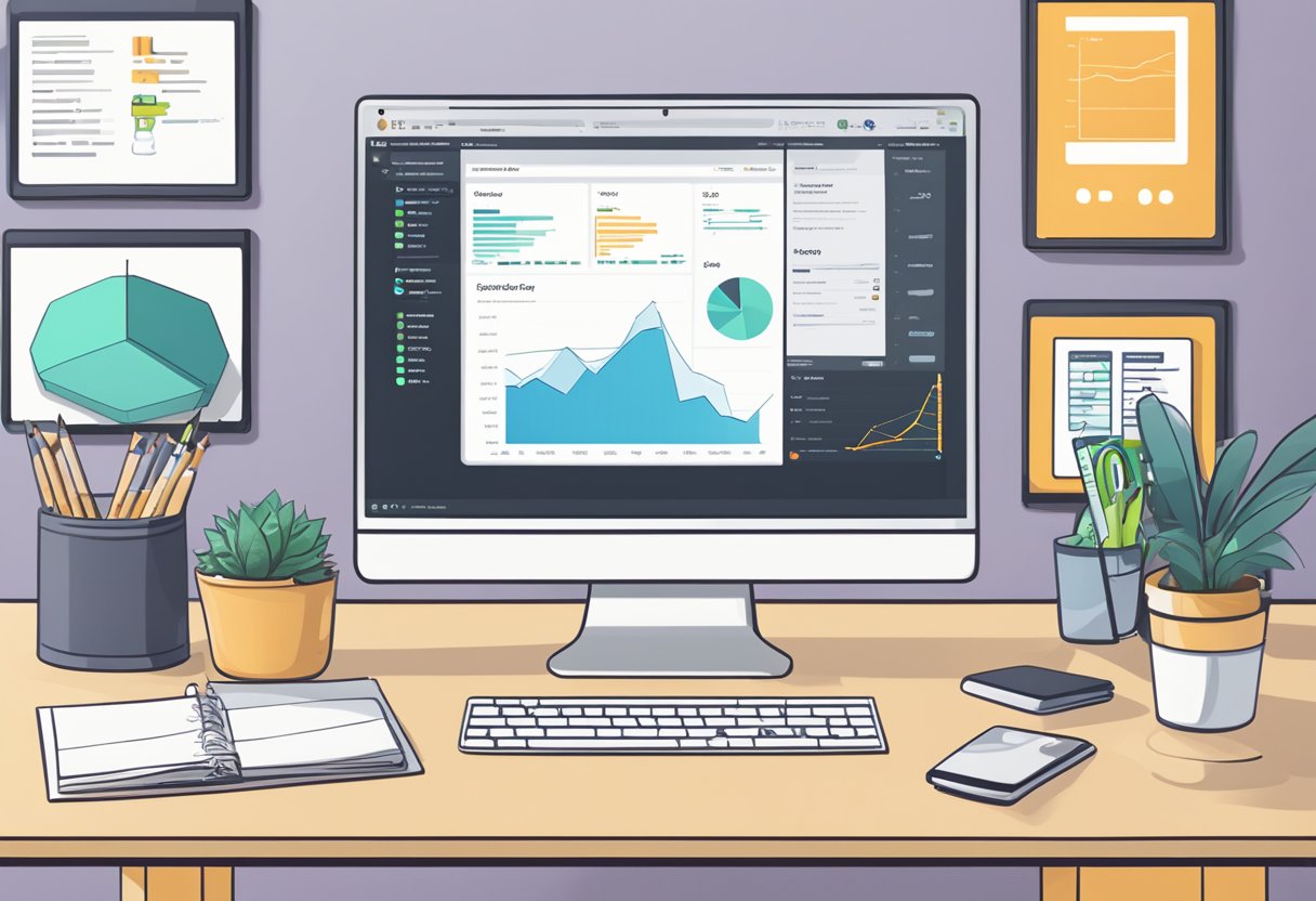 A computer screen displaying the PowerAdSpy website with various ad examples and data charts, surrounded by a clutter-free desk and office supplies