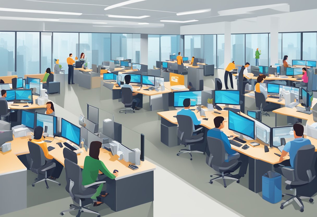 A bustling call center with agents assisting customers. InteleTravel logo prominently displayed. Support staff working diligently at their desks