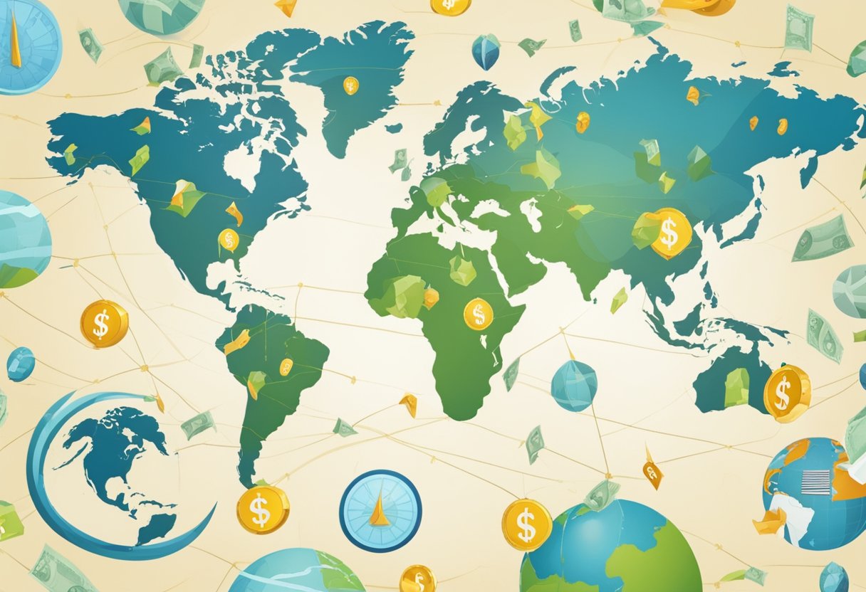 A world map with travel destinations highlighted, surrounded by dollar signs and a scale representing earning potential