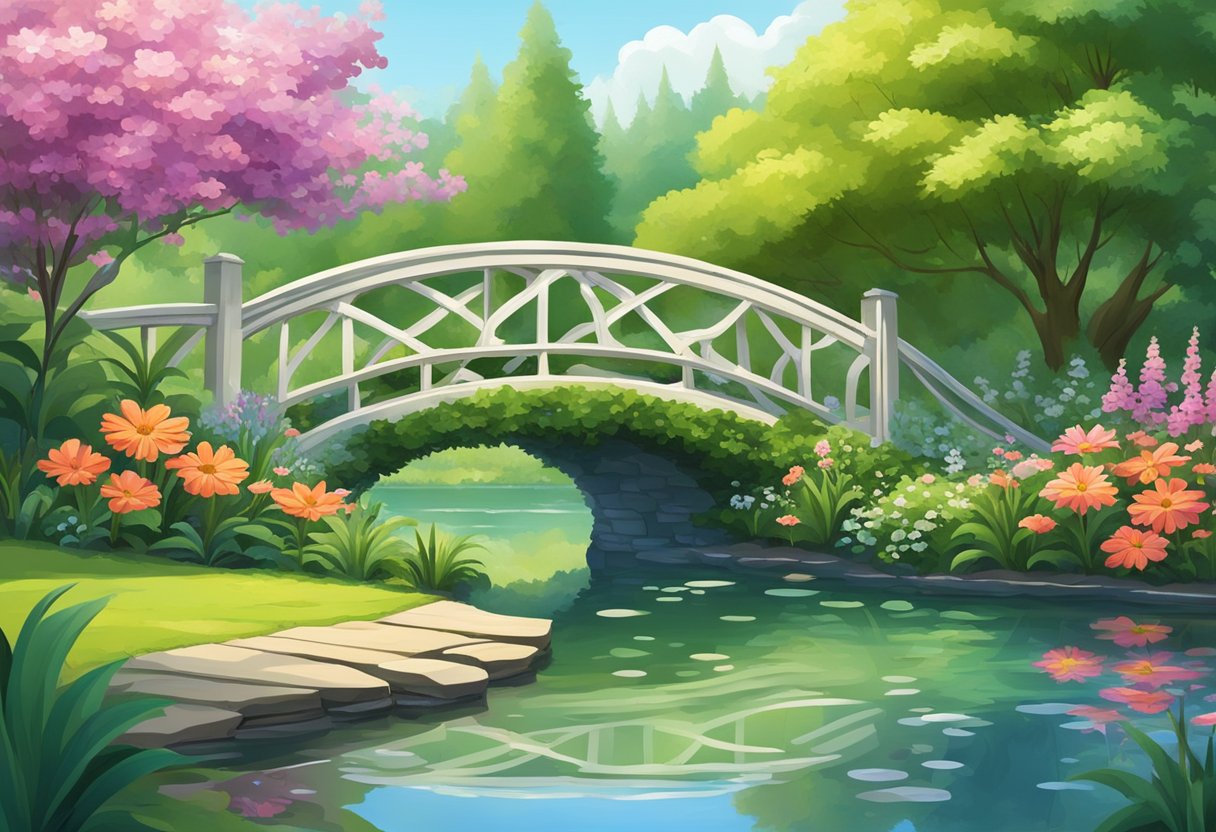 A serene garden with a pond, surrounded by lush greenery and vibrant flowers, with a bridge crossing over the water