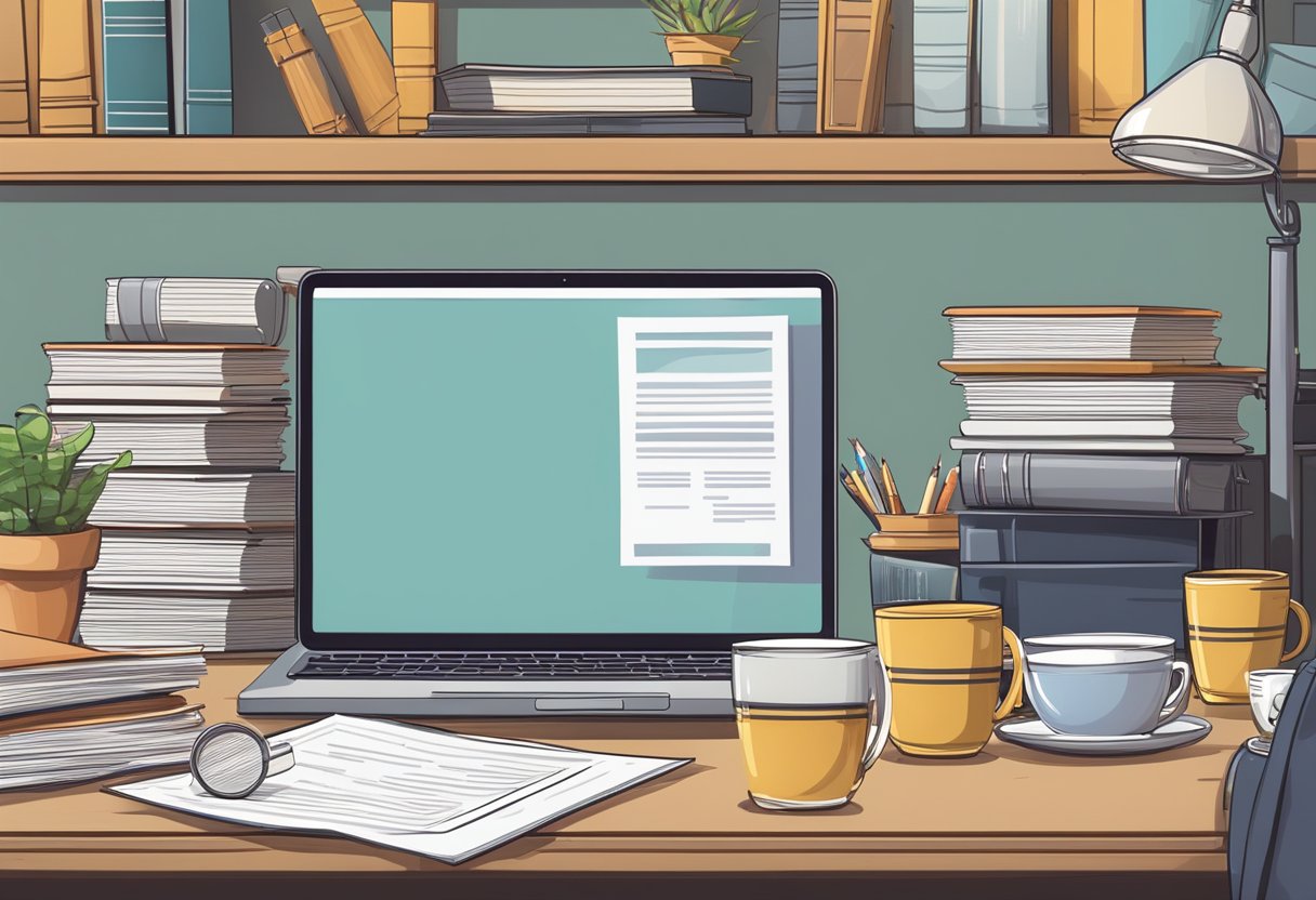 A cluttered desk with scattered papers, a laptop, and a mug. A bookshelf filled with real estate and investment books. A framed certificate on the wall
