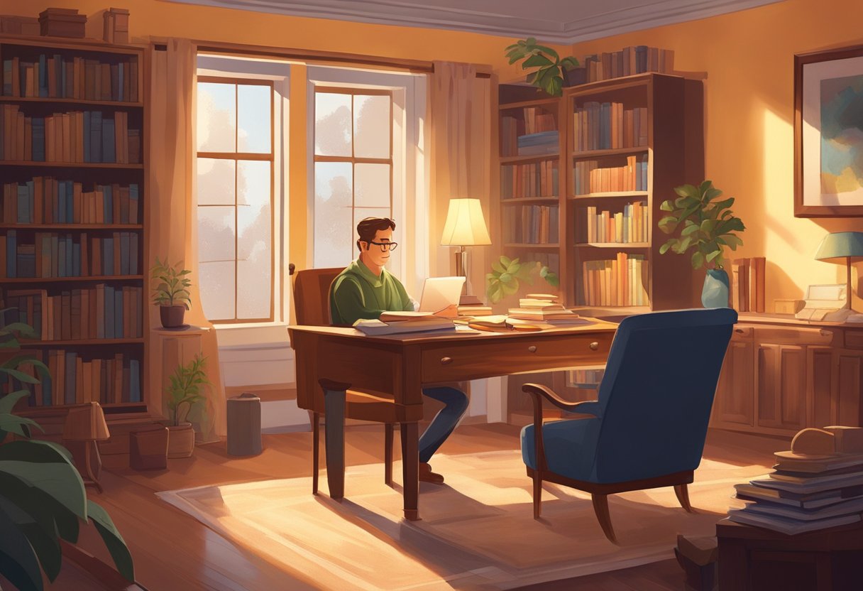 A man's story unfolds in a cozy study with a desk, chair, and bookshelves. Soft light filters through the window, casting a warm glow on the room