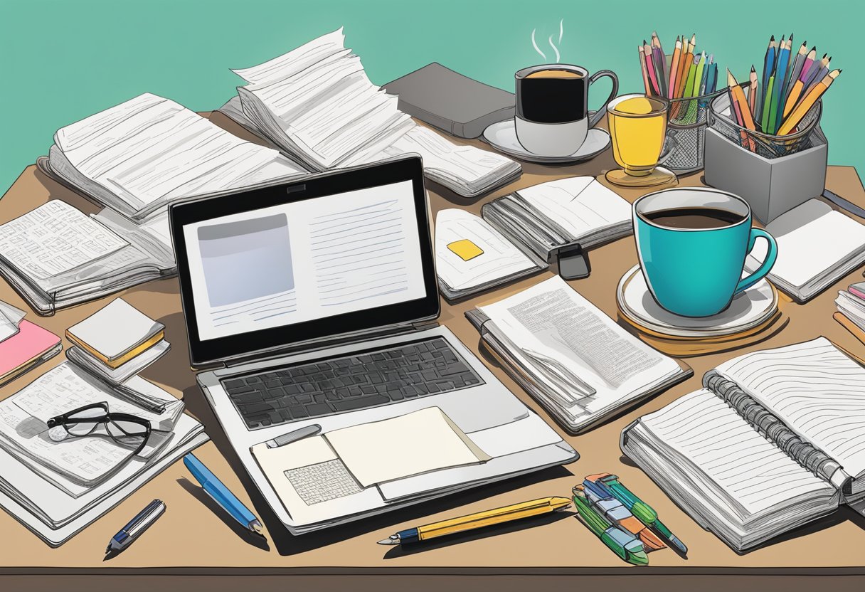 A cluttered desk with open textbooks, scattered notes, and a laptop displaying Peter Conti's review. Pens, highlighters, and a coffee mug are strewn about