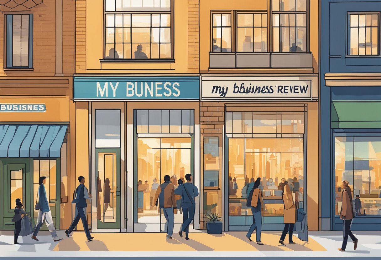 A bustling city street with a modern storefront displaying the words "My Business Venture Review." Pedestrians walk by, and the sun casts a warm glow on the scene