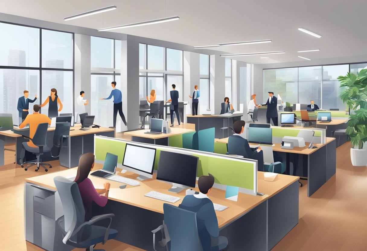 A bustling office with employees working at desks, a conference room with a meeting in progress, and a reception area with clients coming and going
