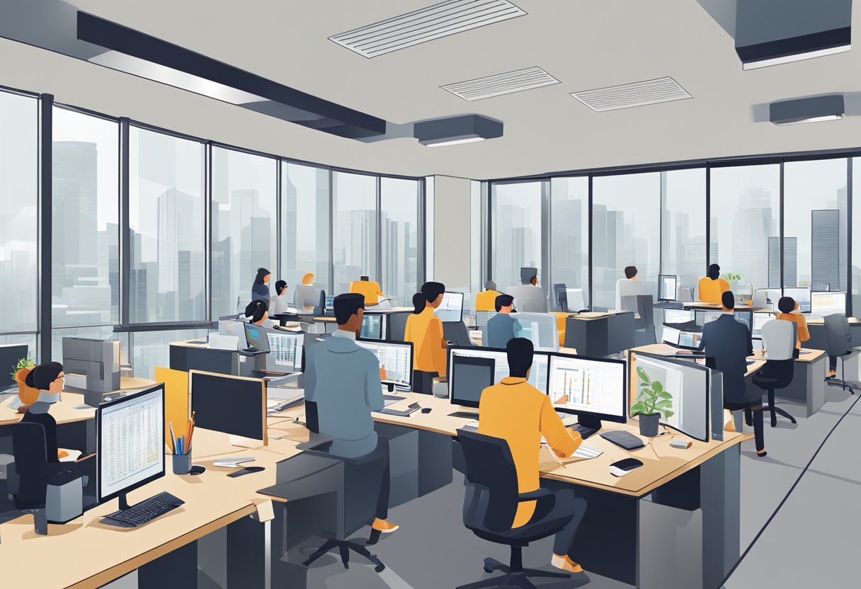 A busy office with employees working at desks, computers, and phones. Charts and graphs on the walls depict business performance