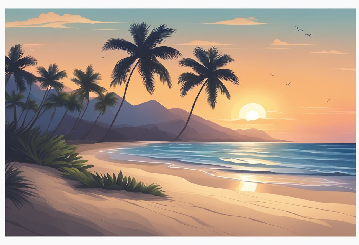 A serene beach at sunset, with palm trees swaying in the gentle breeze and waves lapping at the shore