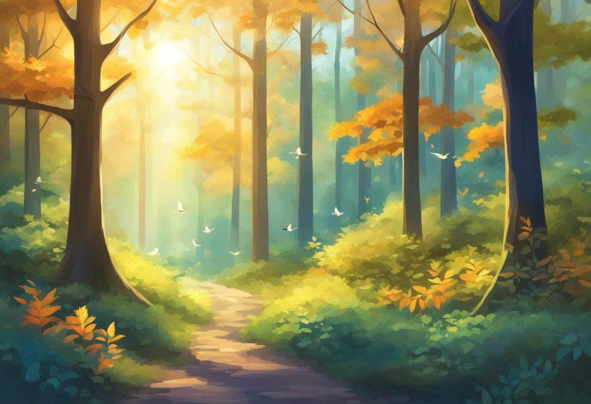 A serene forest with vibrant colors, sunlight filtering through the leaves, and birds chirping in the background