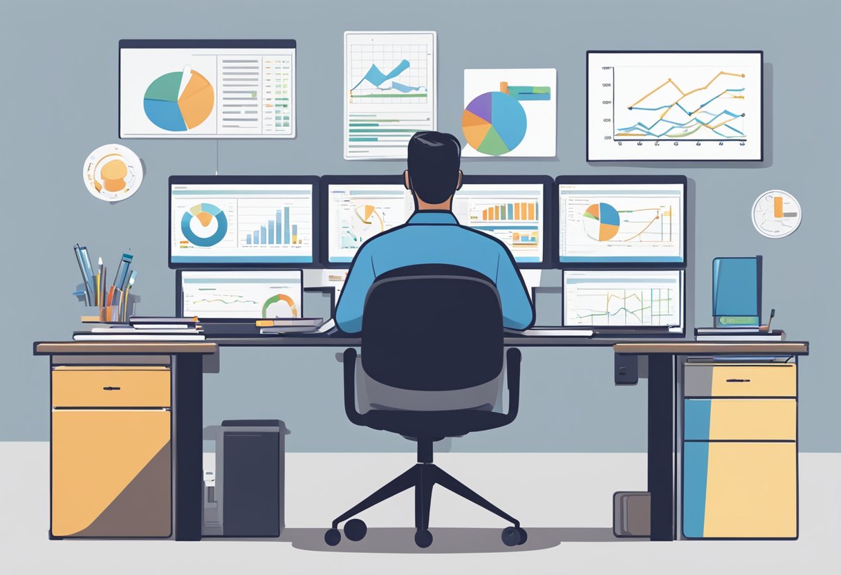 A person sitting at a desk, surrounded by charts and graphs, with a computer displaying survey data and a stack of completed surveys