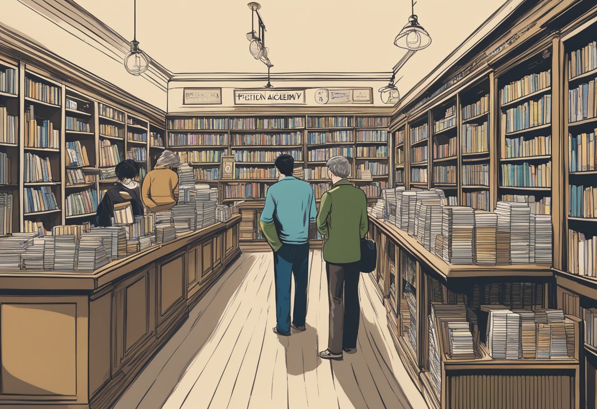 A bustling bookshop with shelves filled with fiction novels, a sign for "Fiction Profits Academy Review" displayed prominently. Customers browsing and purchasing books, while a salesperson assists at the counter