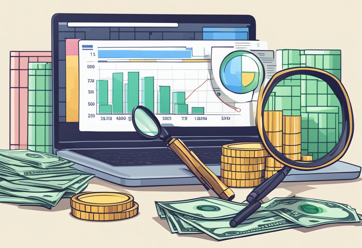 A laptop displaying revenue charts next to a stack of cash and a magnifying glass