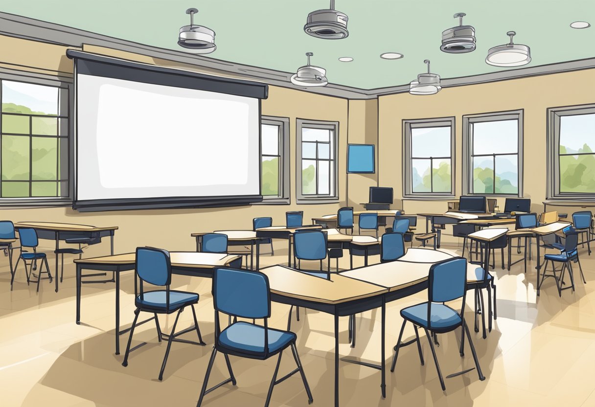 A classroom with a whiteboard and desks arranged in a semi-circle. A projector displays "Douglas James Training Review" on the screen