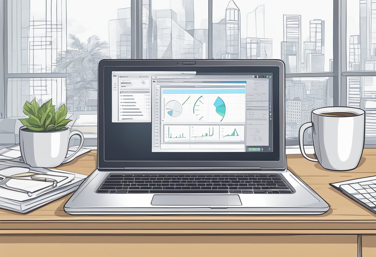 A laptop displaying Easy1Up's business model with charts and graphs, surrounded by a notepad, pen, and coffee mug on a desk