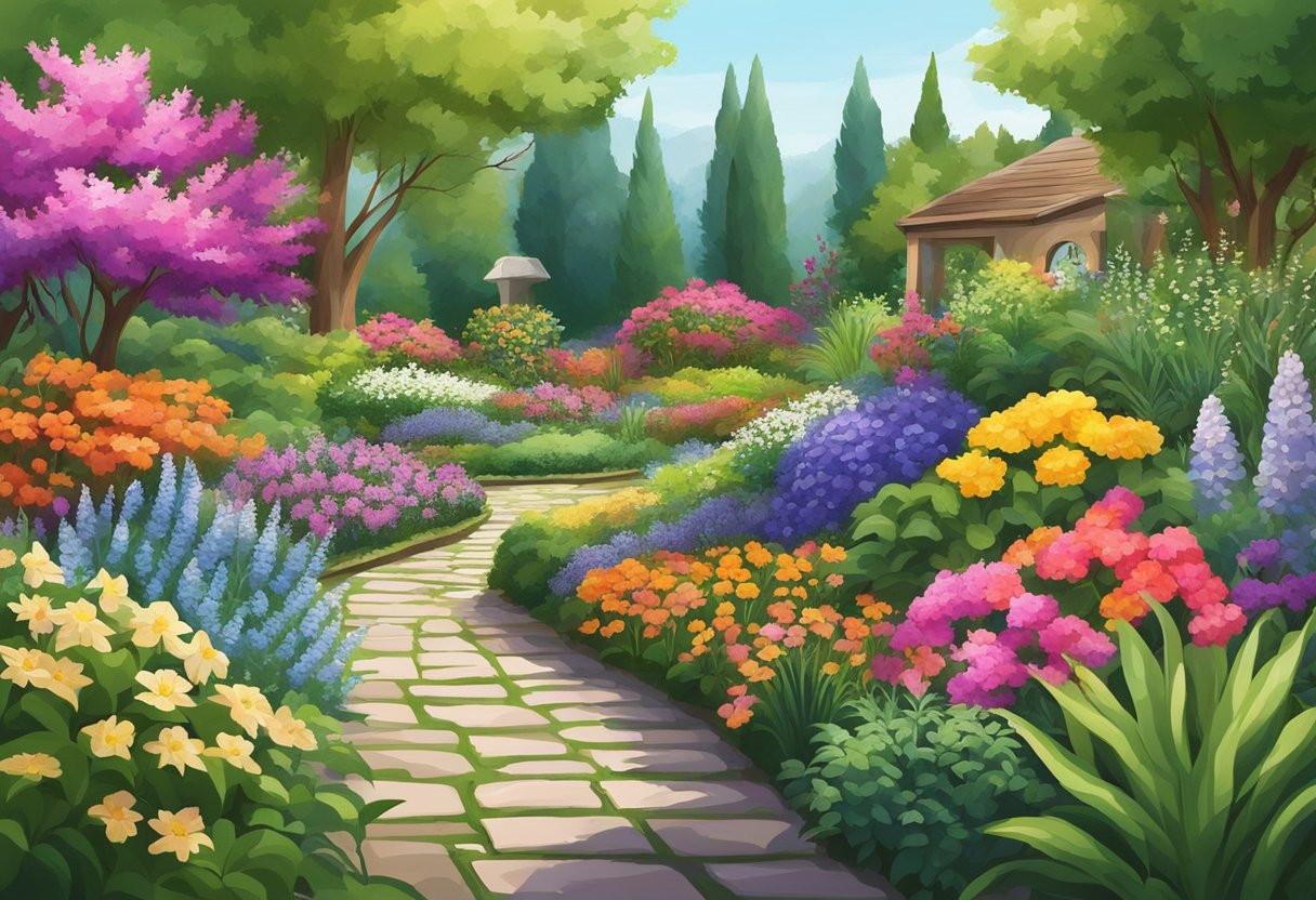 A lush, vibrant garden with a variety of colorful flowers and plants, surrounded by a serene natural landscape