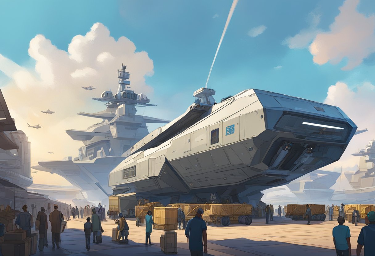 A sleek, modern dropship sits on a platform, with a clear blue sky in the background. The ship is surrounded by a bustling marketplace, with people and cargo being loaded onto nearby ships