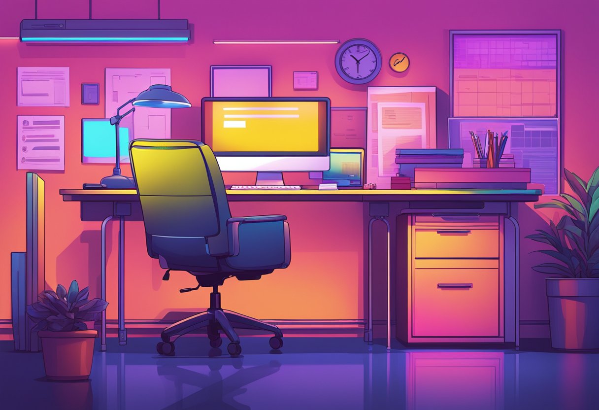 A modern, sleek office space with a large desk, computer, and a stack of papers. A bright, neon sign reading "Nexxt Review" hangs on the wall