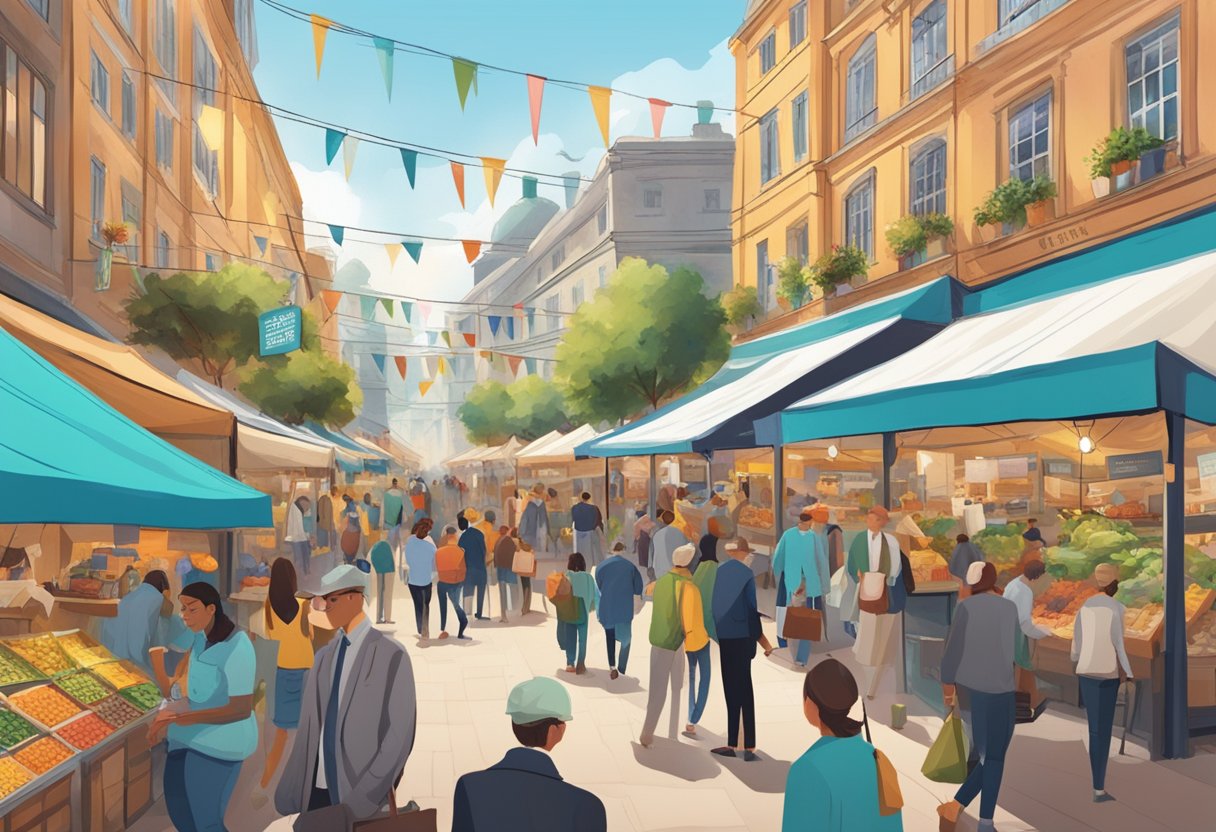 A bustling market with people browsing stalls, signs displaying "Connected Investors Review" and a vibrant atmosphere of activity and engagement