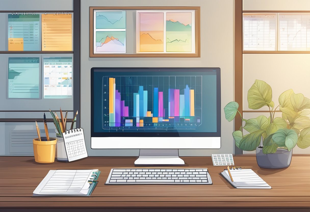A desk with a laptop, notebook, and pen. Wall calendar with investment events. Bookshelf with finance books. Graphs and charts on the computer screen