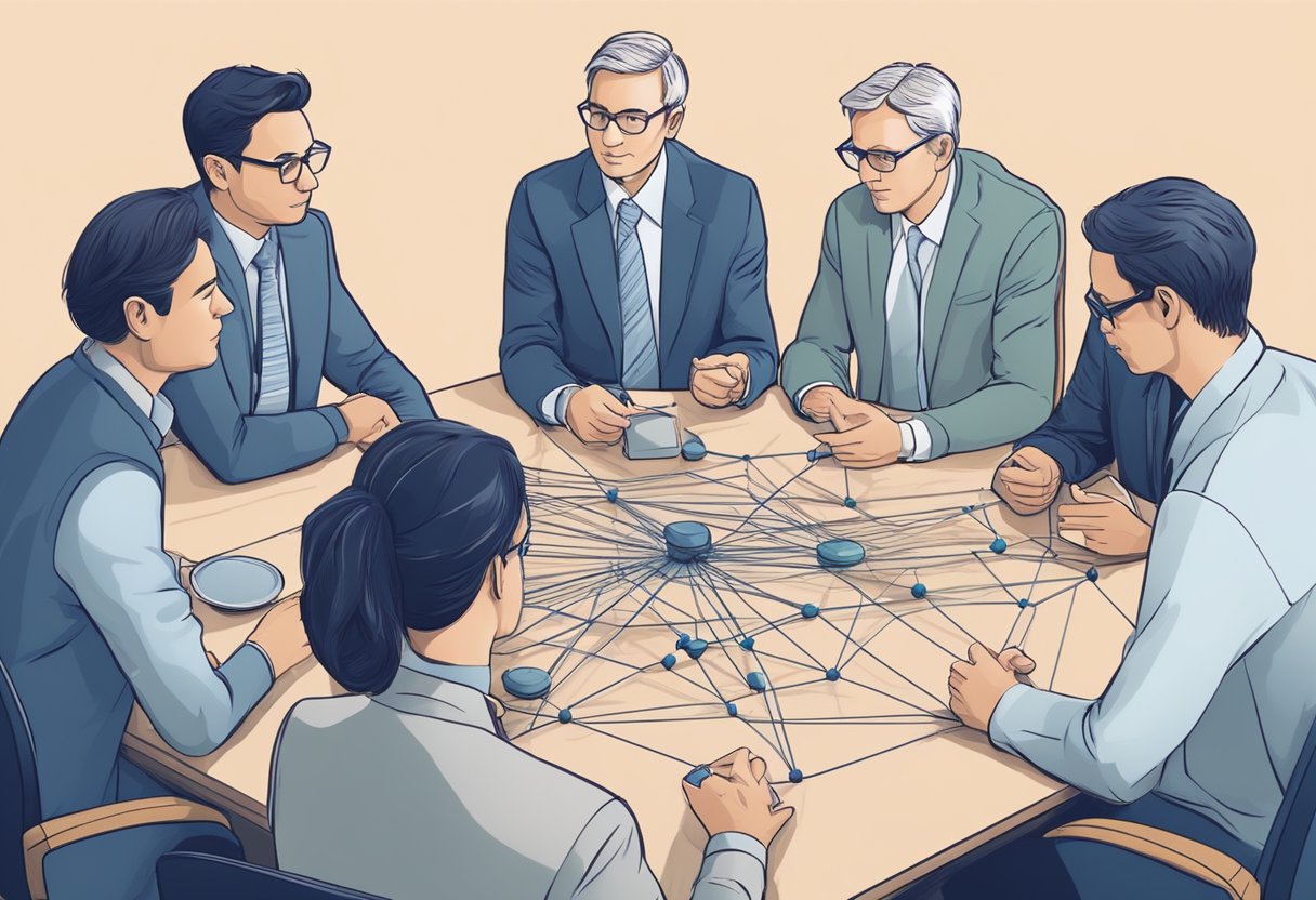 A group of investors gather around a table, discussing various investment strategies. They are connected through a network, represented by a web of interconnected lines and nodes