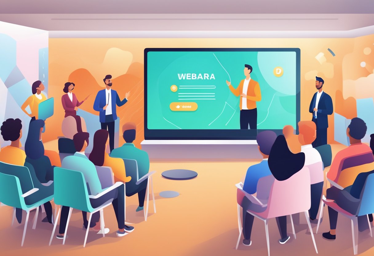 A vibrant, modern webinar setting with a sleek presentation screen and interactive audience engagement