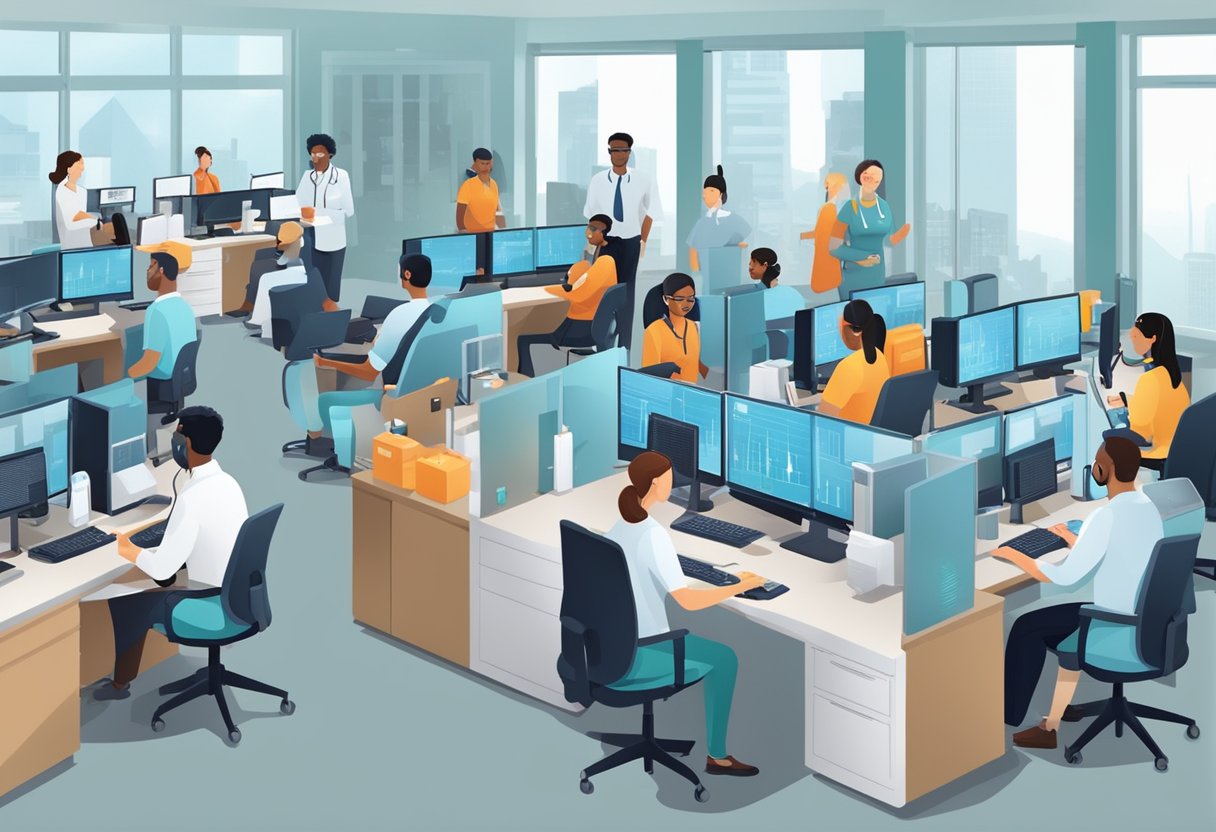 A bustling call center with employees assisting customers, while a diverse group of people receive medical services at various healthcare facilities