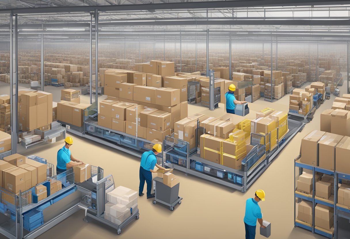 A busy e-commerce warehouse with packages being sorted and shipped by workers using the Zendrop platform