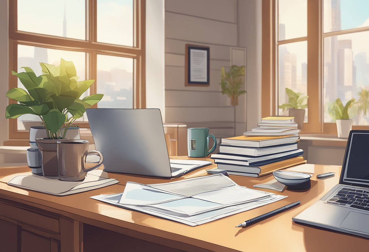A stack of royalty checks sits on a desk, surrounded by a laptop, a cup of coffee, and a pile of books. The room is filled with natural light, creating a warm and inviting atmosphere