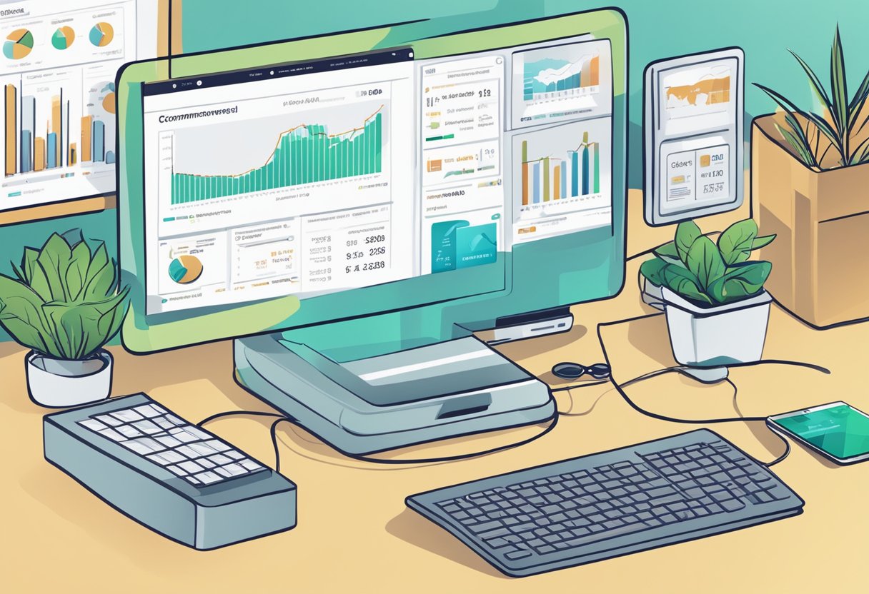 A computer screen displaying EcomProfitHub website with graphs and charts, surrounded by e-commerce products and a cash register