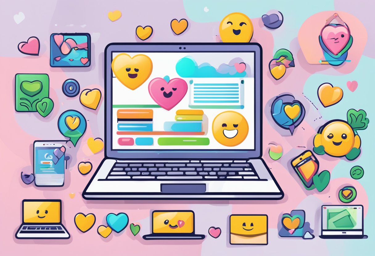 A laptop displaying Theflirtmethod.com homepage with a heart-shaped logo, surrounded by flirtatious emojis and colorful text
