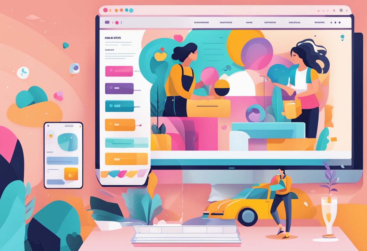 A colorful website with a flirtatious theme, featuring playful graphics and bold text. The layout is modern and inviting, with a focus on dating and relationships