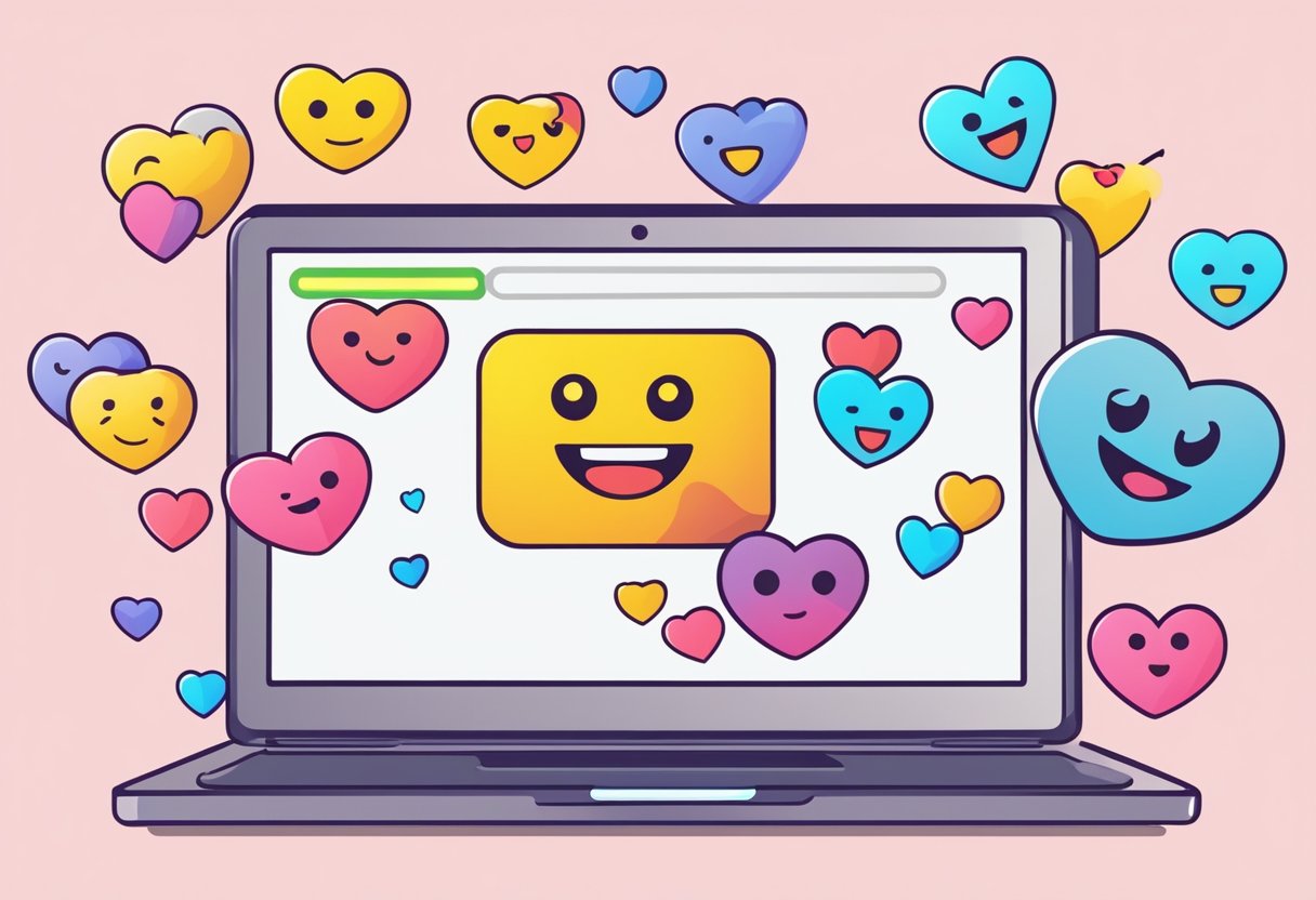 A laptop displaying glowing customer reviews, surrounded by hearts and positive emojis