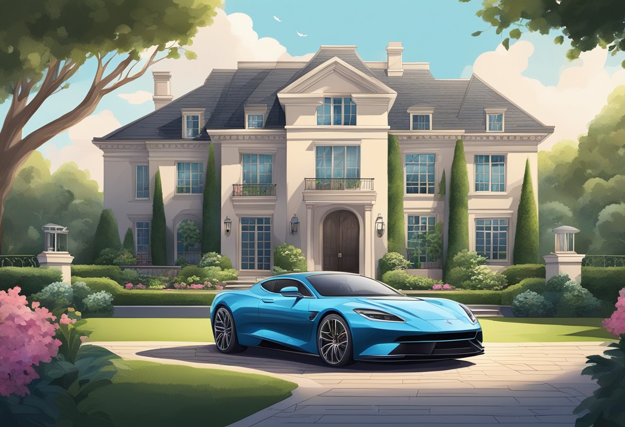 A luxurious mansion with a sleek sports car parked out front, surrounded by a lush garden and a private tennis court