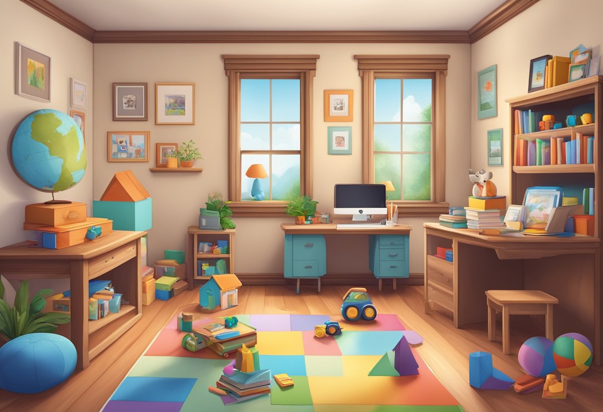 A childhood home with toys and books scattered, a family photo on the wall, and a diploma framed on a desk