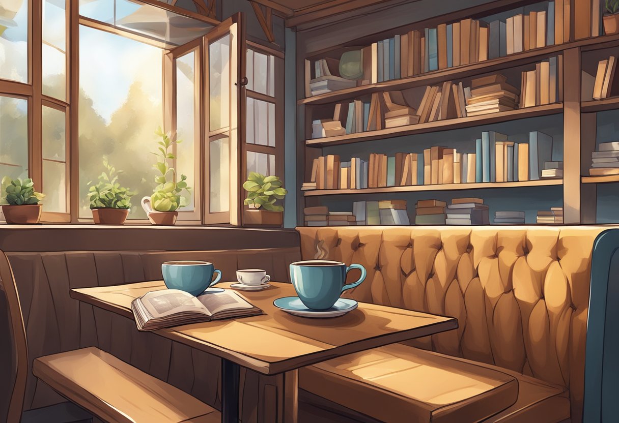 A cozy cafe with a book-filled shelf, steaming coffee on a table, and a relaxed atmosphere