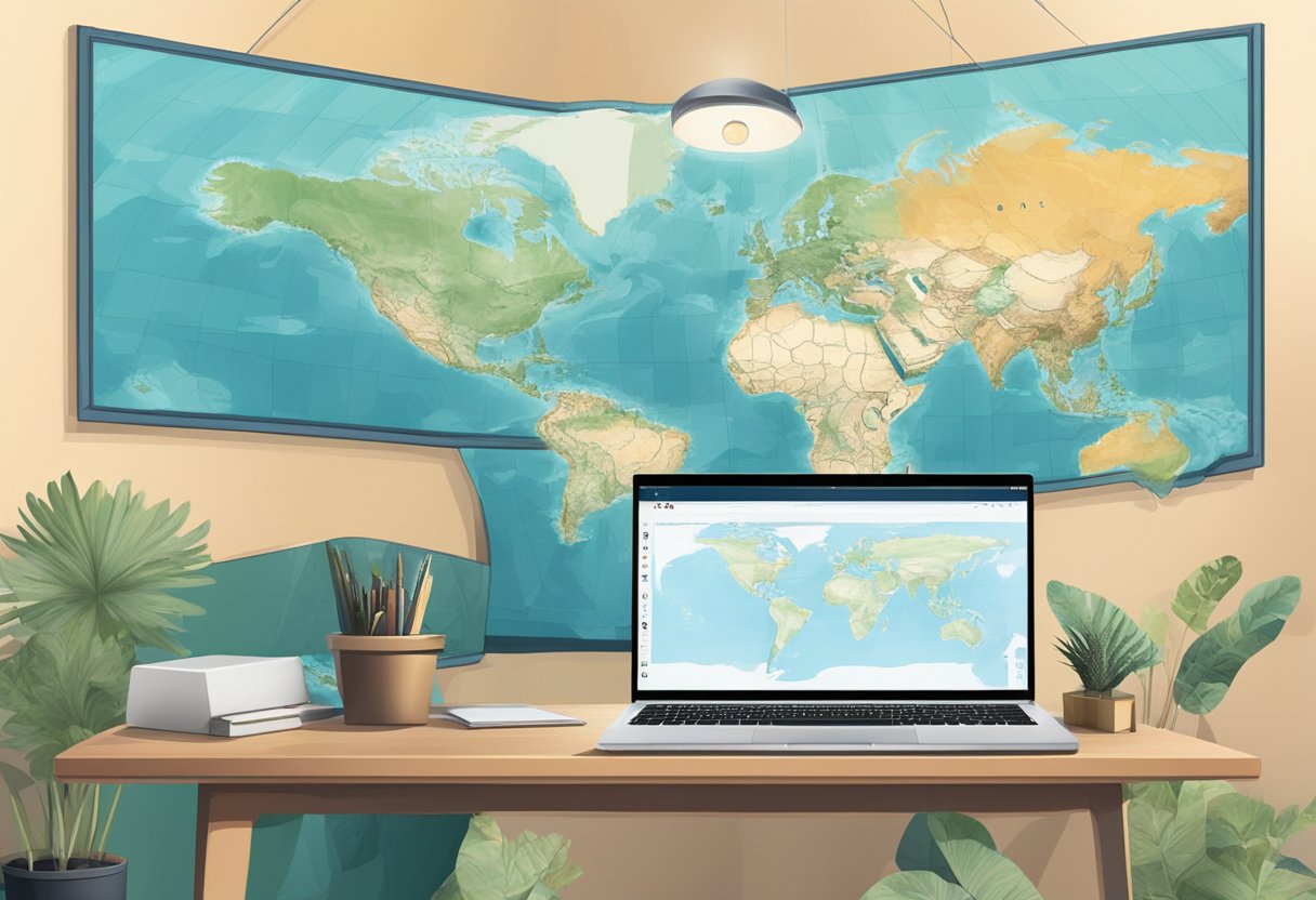 Lara Rahib's journey begins with a laptop and a vision. A world map hangs on the wall, symbolizing global reach. The laptop screen shows a website, representing her e-commerce venture