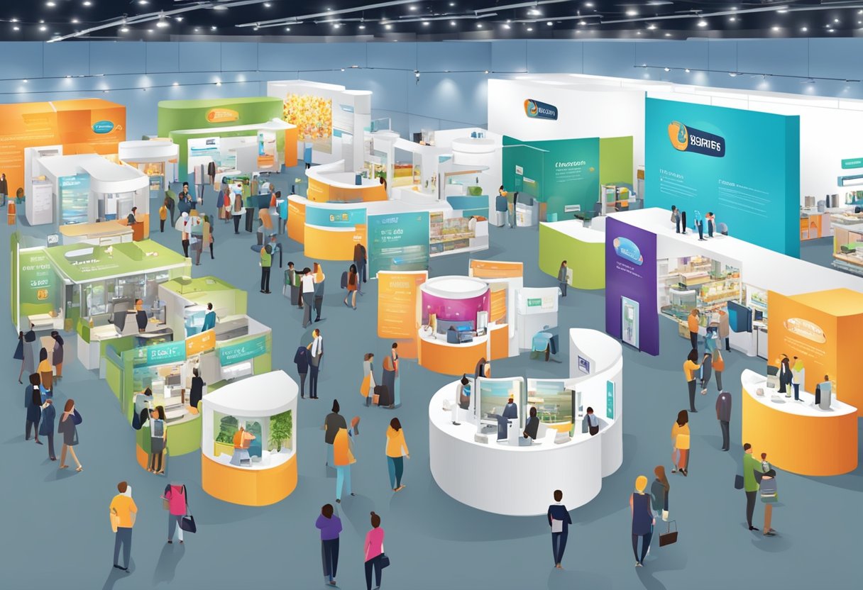 A bustling trade show floor with vendors showcasing products and engaging with potential customers. Bright banners and interactive displays draw in attendees