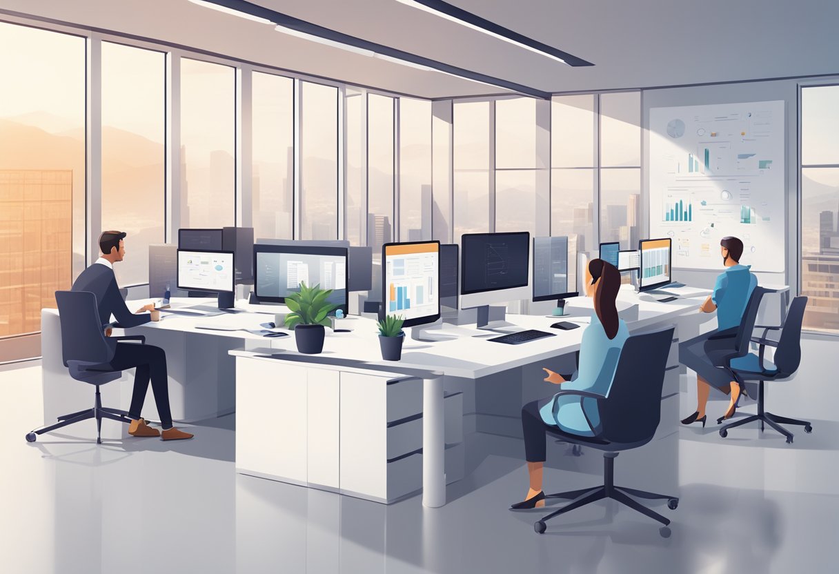 A modern office setting with a sleek, minimalist design. A team of professionals collaborating on innovative ideas and strategies. Technology and data-driven visuals displayed on screens