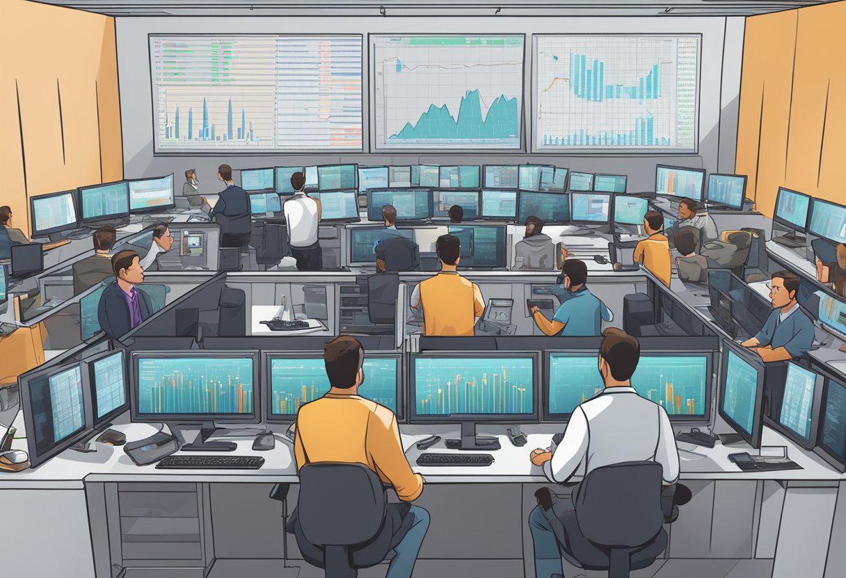 A group of traders gather around a computer screen, analyzing data and discussing trading strategies. Charts and graphs cover the walls, and the room is filled with the sound of keyboards clicking and voices debating