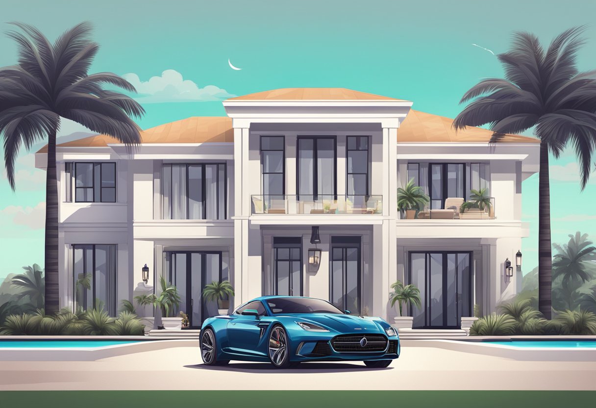 A luxurious mansion with a sleek sports car parked out front, surrounded by palm trees and a sparkling swimming pool