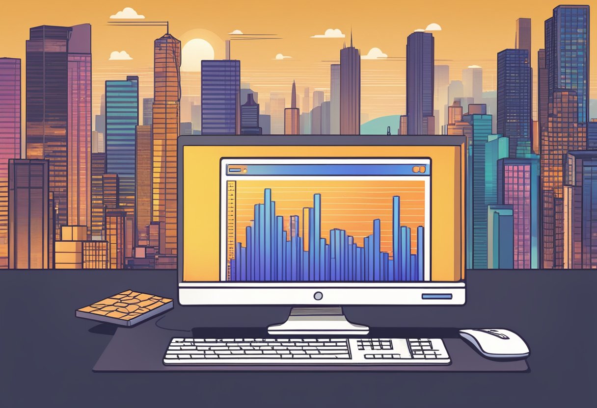 A digital landscape with rising bar graphs, a glowing computer screen, and a pile of virtual currency symbolizing Sebastian Ghiorghiu's net worth