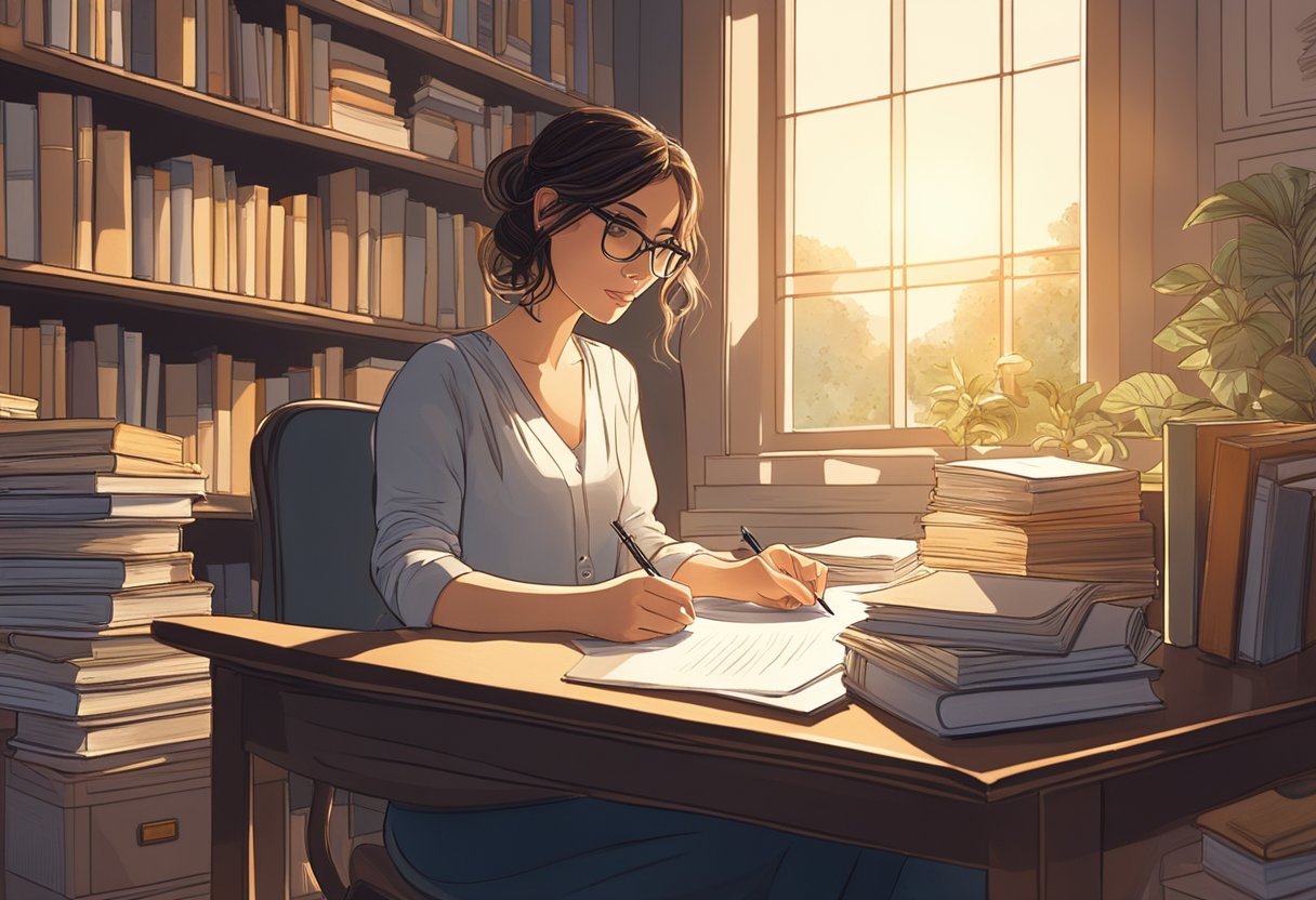 Sophie Howard, sitting at her desk, surrounded by books and papers. She is focused, with a pen in hand, writing notes. The sunlight streams in through the window, casting a warm glow over the scene